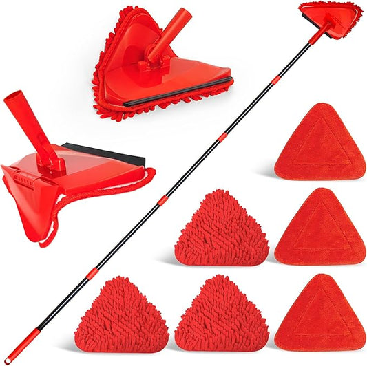 NEWE Wall Mop Cleaner, 80 inches Long Handle, 180° Folding Ceiling Cleaning Tool with Squeegee for Washing Painted Walls, Triangle Baseboard Scrubber with 3 Chenille Duster and 3 Microfiber Pads (Red)
