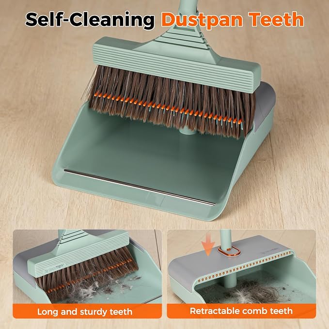 Broom and Dustpan Set with Adjustable Handle, Upright Design, Built-in Comb Teeth, Mint Green, for Home Office Hardwood Floors Pet Hair (Green/Gray)