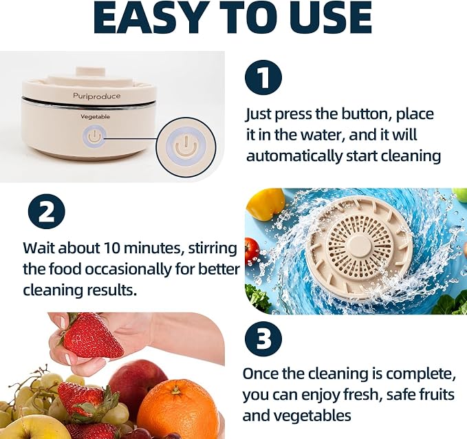 Cleaner, Portable Food Cleaner for Removing Surface Impurities, Wax & Grime, 10-Minute Automatic Cleaning, IPX7 Waterproof. Applicable to Fruits, Meat, Veggies and Grains.