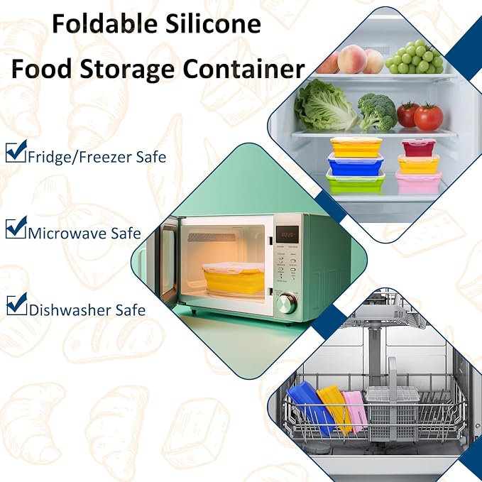 Set of 6 Collapsible Silicone Food Storage Containers With Lids, Durable, Meal Prep Foldable Bento Lunch Boxes for Kitchen, Camping, Microwave,Dishwasher and Freezer Safe, BPA Free