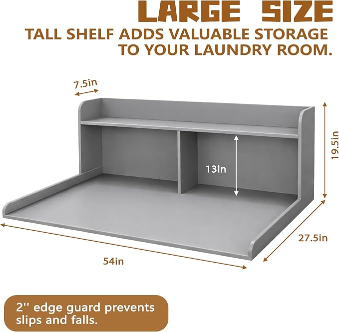 Royxen Washer Dryer Countertop with Extra Tall Shelf, 19" Height Washer and Dryer Topper, Laundry Countertop with Non-Slip Pads, Universal Fit for Laundry Room Organization, Grey