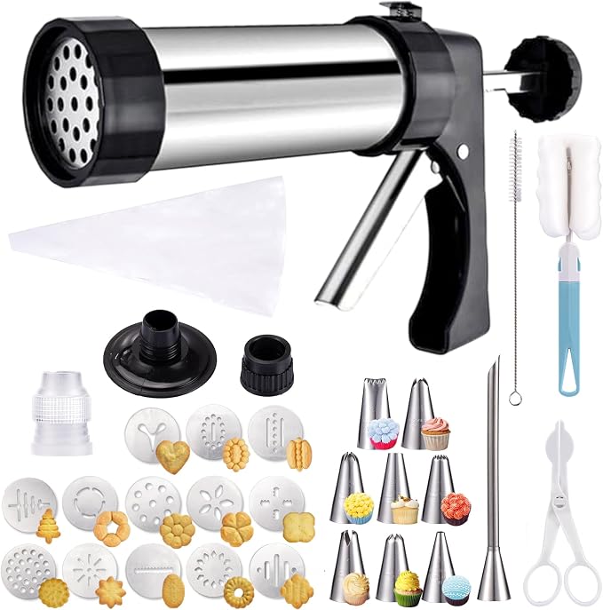 Ideal Swan Stainless Steel Cookies Press with 13 Cookie Discs and 9 Piping Tips Cleaning Brush & Filling Piping Bag, Stainless Steel Churro Maker Machine for DIY cake Maker Decorating Baking Supplies
