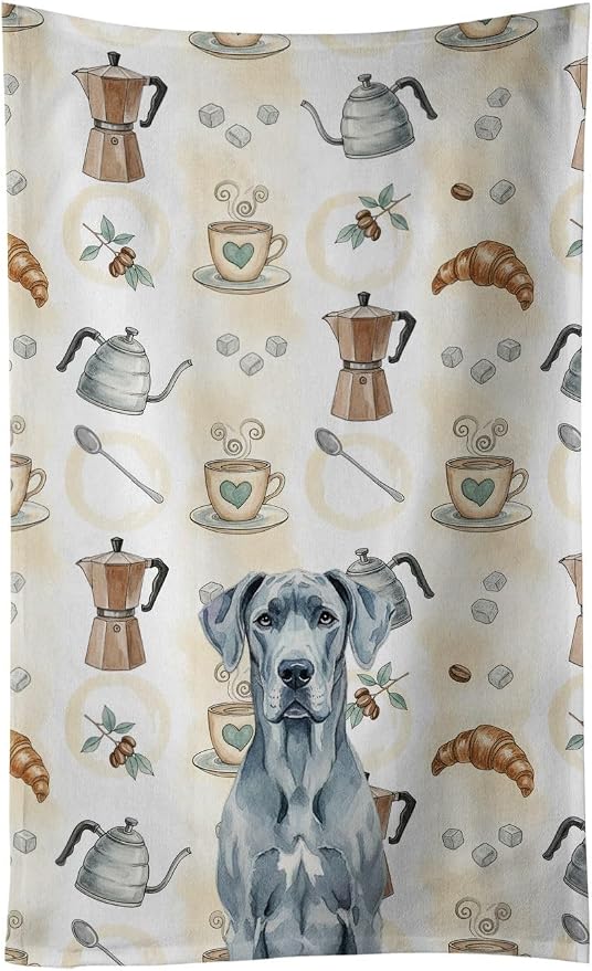 Caroline's Treasures Blue Great Dane Coffee Bar Kitchen Towel Velour Plush Front and Cotton Loop Back Machine Washable