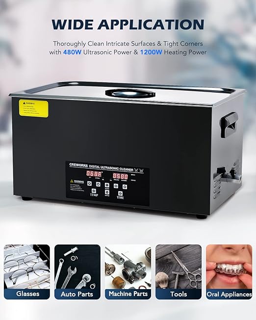 CREWORKS 22L Digital Ultrasonic Cleaning Machine with Degas and Gentle Mode, 480W Ultrasonic Cleaner Machine with Heater and Timer, 5.8 gal Ultrasound Cleaner for Retainer Watch Auto Tool Machine Part