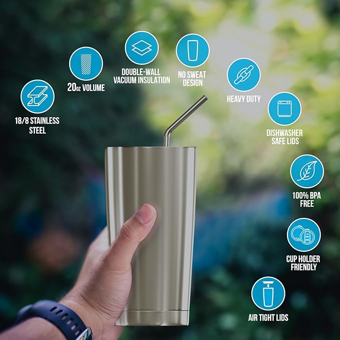 BluePeak Double Wall Vacuum Stainless Steel Insulated Tumblers Set, 2-Pack - Includes 2 Sipping Lids, 2 Spill-Proof Sliding Lids, 2 Straws, 1 Cleaning Brush & Gift Box (20 oz, Black)