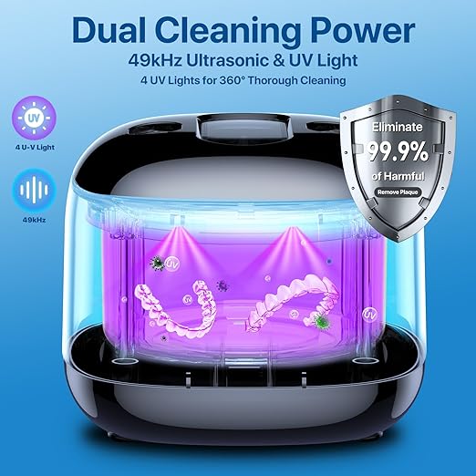 Ultrasonic Retainer Cleaner Machine, 49KHz 220ML Dental Cleaning Pod with Digital Timer, Deep Cleaning Ultrasonic Dentures Cleaner for Night Guards, Braces, Aligner, Toothbrush, Jewelry and More