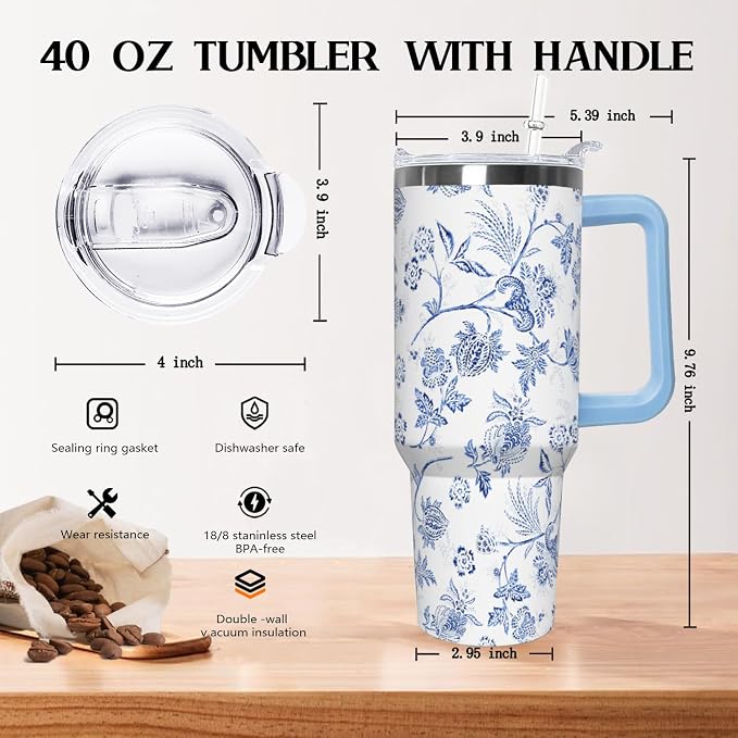 Ceovfoi 40 Oz Boho Flower Tumbler With Handle, Boho Floral Coffee Travel Mug Cup Water Bottle, Floral Gifts for Women