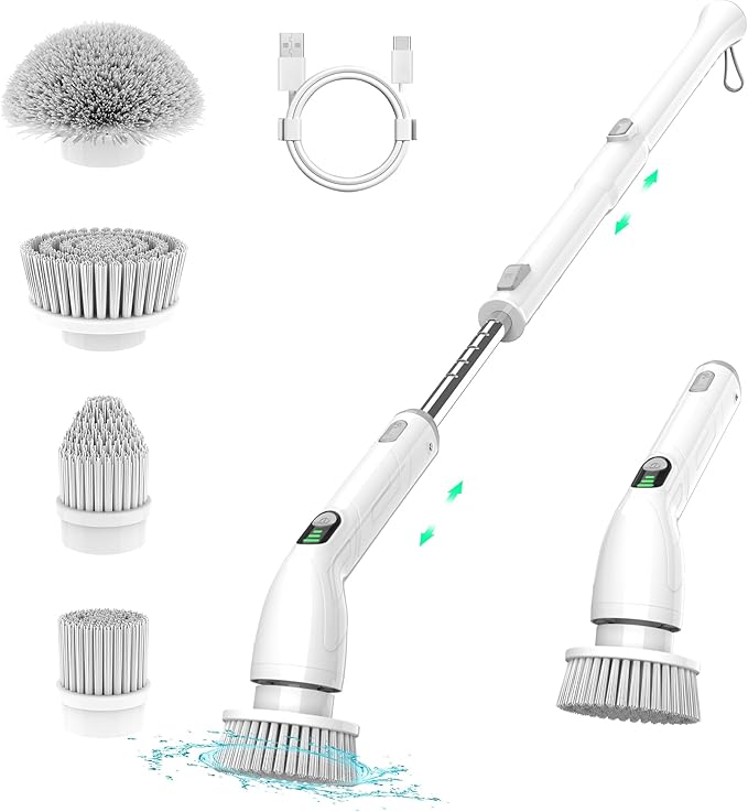 Keimi Electric Spin Scrubber, 2024 New Full-Body IPX7 Waterproof Cordless Bathroom Scrubber with 4 Replaceable Heads, Adjustable Extension Handle, Shower Cleaning Brush for Bathtub, Grout, Tile, Floor