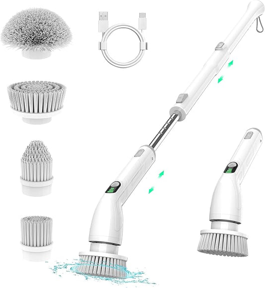 Keimi Electric Spin Scrubber, 2024 New Full-Body IPX7 Waterproof Cordless Bathroom Scrubber with 4 Replaceable Heads, Adjustable Extension Handle, Shower Cleaning Brush for Bathtub, Grout, Tile, Floor