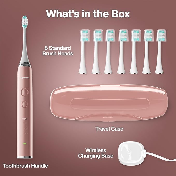 Aquasonic Vibe Series Ultra-Whitening Toothbrush – ADA Accepted Electric Toothbrush - 8 Brush Heads & Travel Case – 40,000 VPM Motor & Wireless Charging - 4 Modes w Smart Timer – Satin Rose Gold