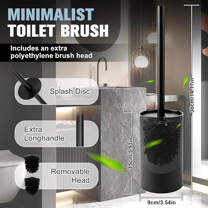 Stainless Steel Toilet Brush,Stainless Steel Toilet Bowl Brush and Holder for Bathroom,Toilet Brush and Holder with Replacement Head,Matte Black Toilet Brush with Long Handle,Sturdy and Space Saving