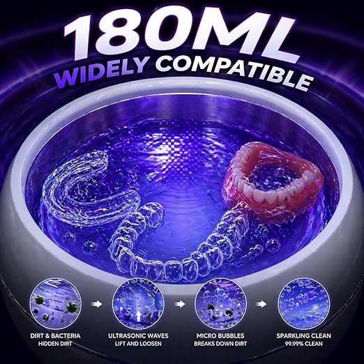 Ultrasonic Retainer Cleaner Machine with 3 Retainer Cleaning Tablets - 45kHz Dental Cleaning Pod with 2 Modes, Deep Cleaning Ultrasonic Cleaner for Dentures, Aligners, Mouth Guards