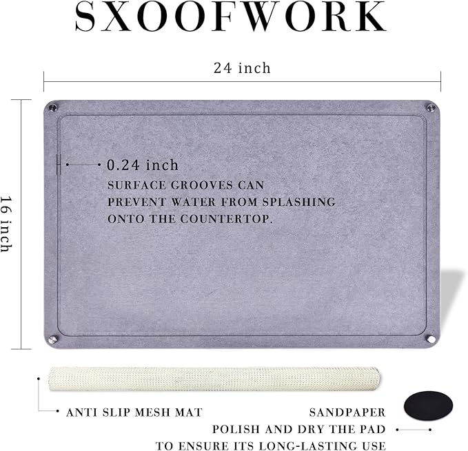 Large Diatomaceous Earth Stone Dish Drying Mats for Kitchen Counter,24"×16",Quick Drying,with 4 Non-Slip Stainless Steel Feet, Suitable for Various Countertops, Bowl Racks, Dark Grey