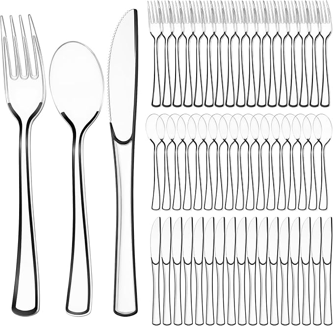 Minatee 150 Pcs Black Plastic Silverware, Clear Disposable Cutlery Set Heavy Duty Utensil Sets 50 Forks 50 Knives 50 Spoons for Birthday Party Home Office School Picnics Restaurant Outdoor Events