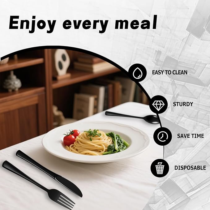 Plastic Silverware 300 PCS Disposable Silverware Heavy Duty Utensil Sets 100 Of Each Forks Knives & Spoons Disposable Cutlery Set For Easter,Birthday,Baby Shower,Garden Party,Wedding(300,Black)