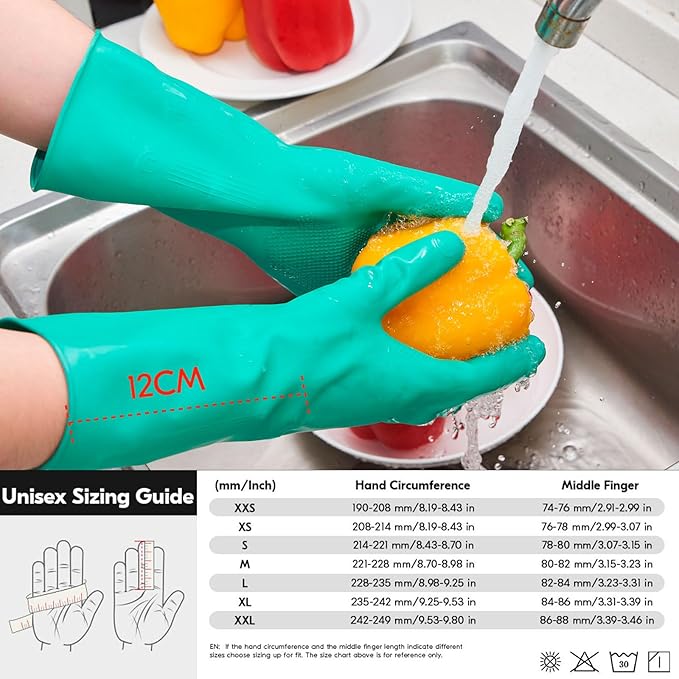 Vgo... 3-Pairs Reusable Household Gloves, Rubber Dishwashing gloves, Extra Thickness, Long Sleeves, Kitchen Cleaning, Working, Painting, Gardening, Pet Care (Size S, Green, HH4601)