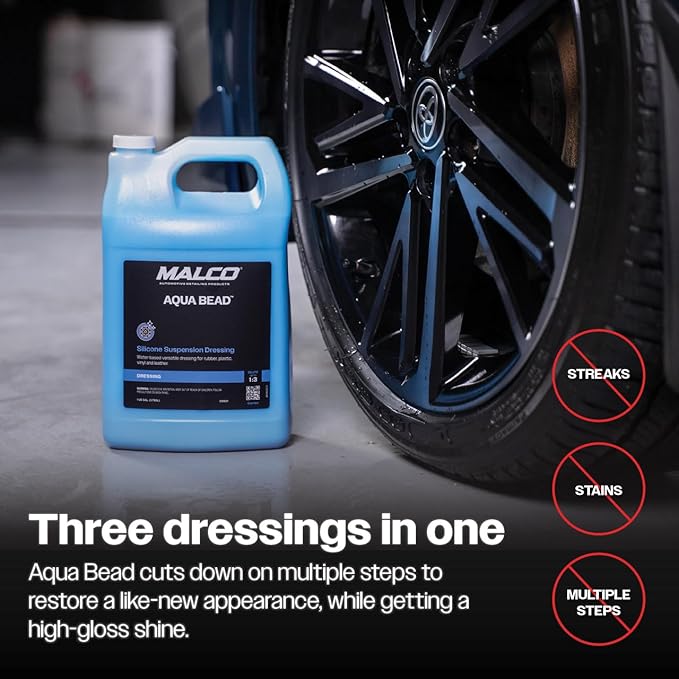 Malco Aqua Bead Water Based Dressing - Non-Greasy Interior and Exterior Dressing/Shines Car Tires, Rubber, Plastic and Trim/Concentrated Formula, Dilutable for Variable Gloss / 1 Gallon (129601)