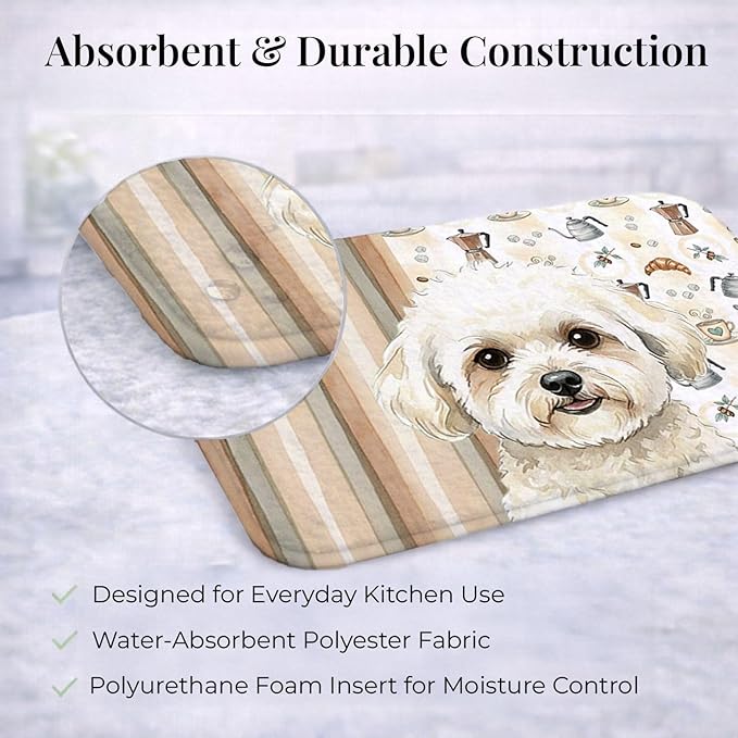 Caroline's Treasures White and Cream Bichon Frise Coffee Bar Dish Drying Mat Absorbent Dish Drying Mat Pad for Kitchen Counter Dish Drainer Mat for Countertop, 14 x 21", Multicolor