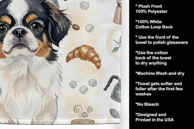 Caroline's Treasures Tricolor Japanese Chin Coffee Bar Kitchen Towel Velour Plush Front and Cotton Loop Back Machine Washable