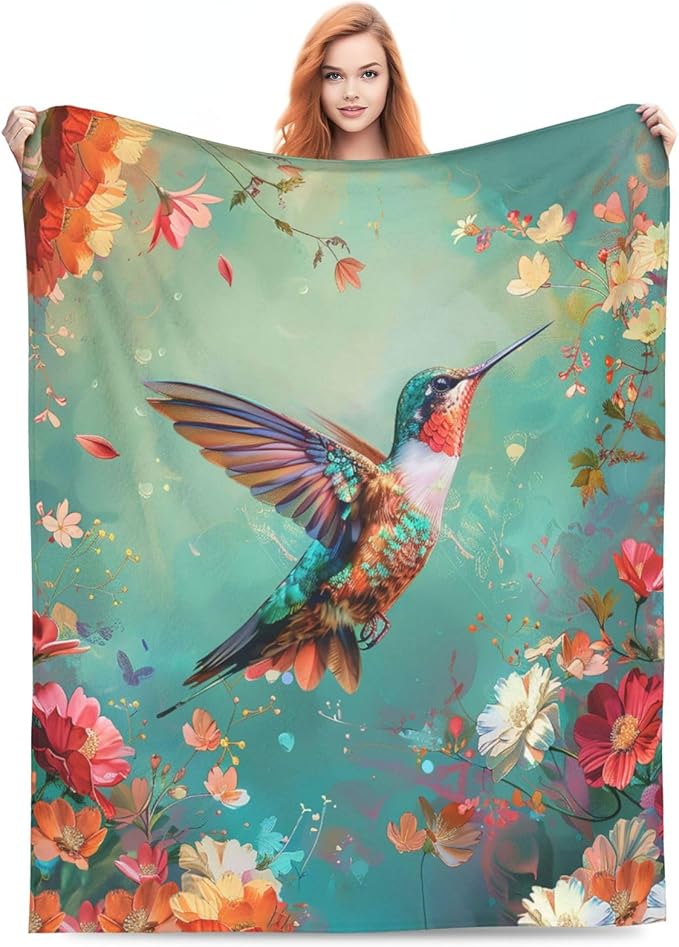 Hummingbird Flower Blanket Bird Floral Blossom Decor Throw Blanket Cozy Plush Flannel Fleece Warm Soft Lightweight Fuzzy Blanket Gifts for Women Girls Boys Teens for Bed Sofa Couch60 X80