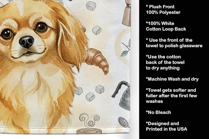 Caroline's Treasures Gold Tibetan Spaniel Coffee Bar Kitchen Towel Velour Plush Front and Cotton Loop Back Machine Washable