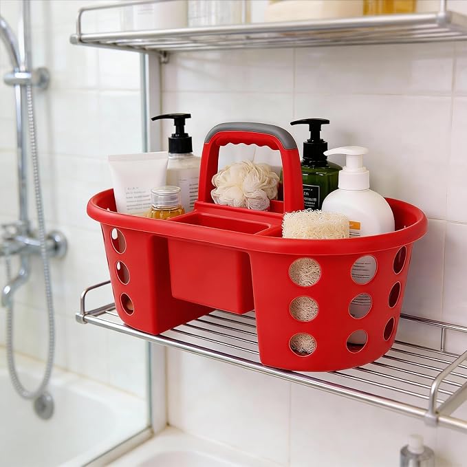 SIMPLYKLEEN Large Shower Caddy Portable 2PC - Made in USA Plastic Jumbo Size Dorm Storage Candy Tote with Handle Shower Organizer for Bathroom, Pantry, Kitchen, College Dorm, Green/Red
