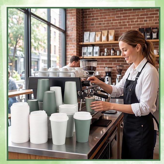 100 Pack Sage Green Coffee Cup with Lids Sleeves, 12oz Insulated To Go Paper Cups Gradient Green Party Cups Disposable Paper Cups, Drinking Cup for Wedding Birthday Baby Shower Tea Party Supplies