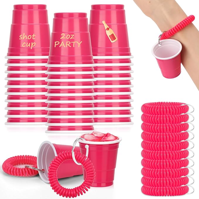 30 Pcs Hot Pink Shot Cups with Wristband for Party 2oz Plastic Shot Glasses Bulk Disposable Mini Shot Glasses with Bracelet Wear On Solo Cups for Bachelorette Party Wedding Birthday Graduation