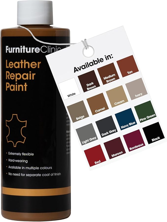 Furniture Clinic Leather Repair Paint | 2-in-1 Seal and Color | Use on Scratches, Tears, and Holes in Car Seats, Furniture | Quick and Easy Leather Repair Kit for Furniture (Camel, 500ml / 17oz)