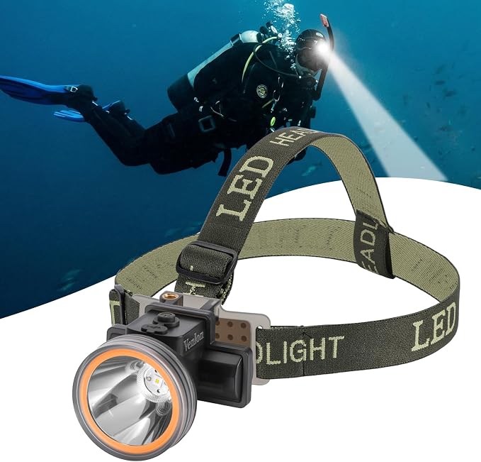Rechargeable Diving Headlamp, IPX8 Waterproof Underwater Flashlight, 4 Modes with Battery Level Indicator,10H Runtime Scuba Dive Light with Battery & USB Charger Cable (Mode302 White Light)