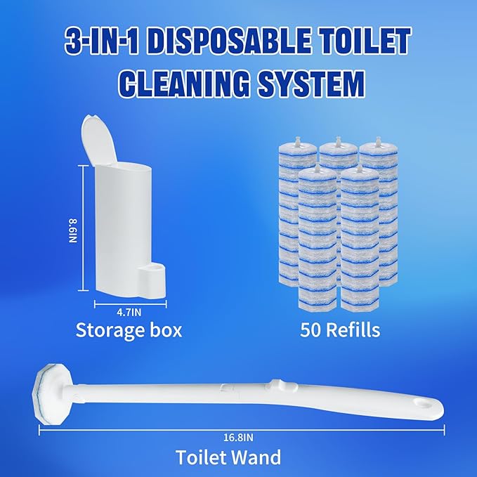 Disposable Toilet Brush and Holder Set, with 50 PCS Toilet Bowl Wand Refills for Clorox, Wall Mounted Disposable T-oilet Bowl Wand Kit, for Bathroom, Sink & Bathtub, Touchless T-oilet Cleaning System