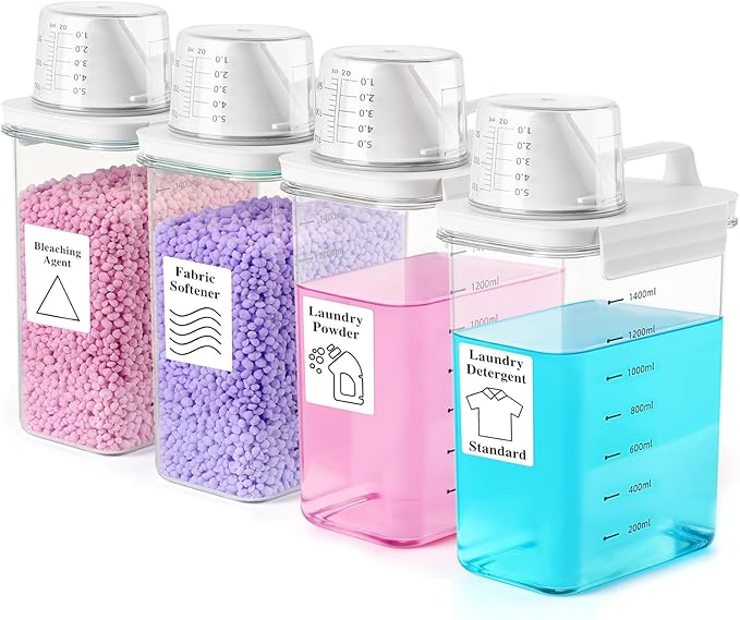 4 Pack Laundry Detergent Dispenser 61oz Plastic Liquid Detergent Dispenser with Label Powder Container & Scent Booster Beads Dispenser Fabric Softener Holder for Laundry Room Organization,Clear