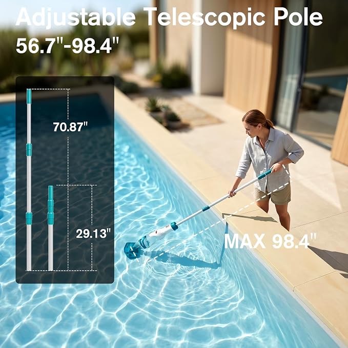 2026 Upgraded Cordless Pool Vacuum for Above Ground Pools, Dual Modes High-Flow/Strong-Suction, 1520GPH, 60 Mins Runtime, Handheld Pool Cleaner with Telescopic Pole, 3 Filter Bags