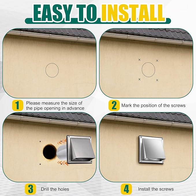 4 Inch Dryer Vent Cover Outside with Stainless Steel Guard Outdoor Wall Dryer Exhaust Vent Cover Shroud Hood Cushioned Non Return Flap with Sealing Gasket(Hexagon, with Extension Tube)