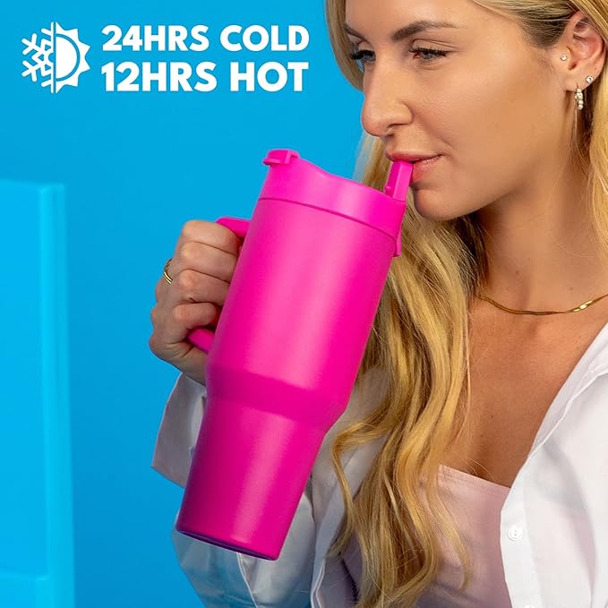 Elemental 32 oz 100% Leak Proof Tumbler with Handle & Straw - Stainless Steel Double Wall Insulated Tumbler for Hot and Cold Beverages - Travel Coffee Mug with Sip & Straw Lid - Hot Pink