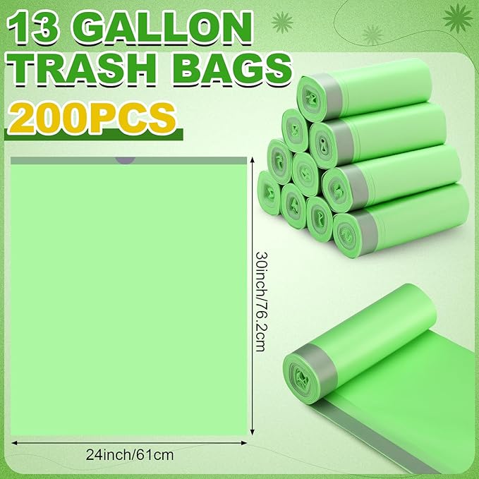 Dunzoom 200 Count 13 Gallon Compostable Trash Bags with Drawstring Tall Kitchen Food Scrap Waste Bag Heavy Duty Extra Thick 1 Mil Tear Resistant for Lawn Yard Home Kitchen Office