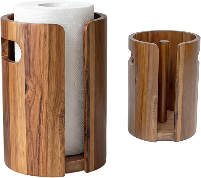 Wood Paper Towel Holder for Kitchen Countertop, Acacia Wooden Kitchen Towel Holder with Splash Guard, Handles & Weighted Non-Slip Base, Home Decor Essentials, for Kitchen, Bathroom,Apartment, RV