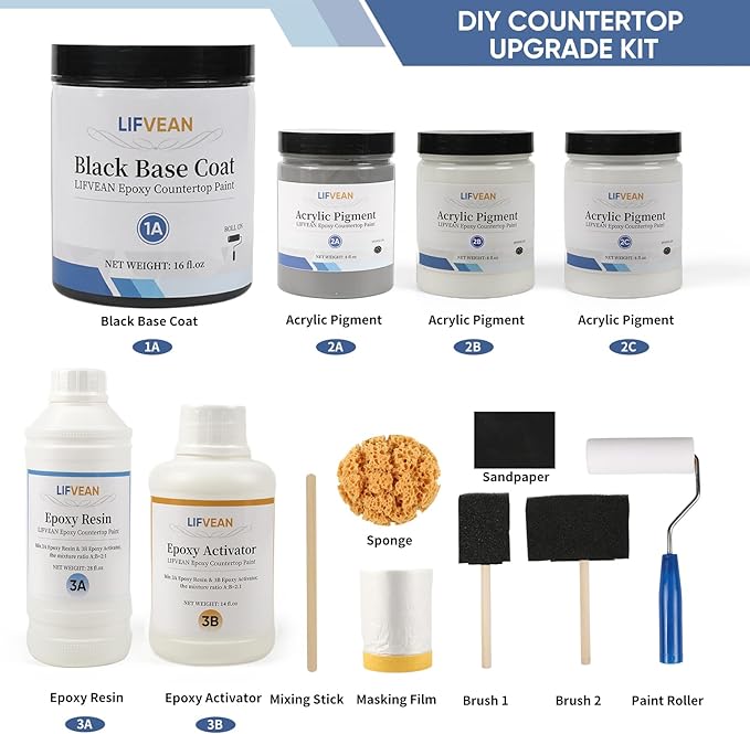 Epoxy Countertop Paint Refinishing Kit for Kitchen Bathroom Glossy Coating for Marble Granite Laminate Ceramic Tile, Cover 40 sq.ft, Granite White