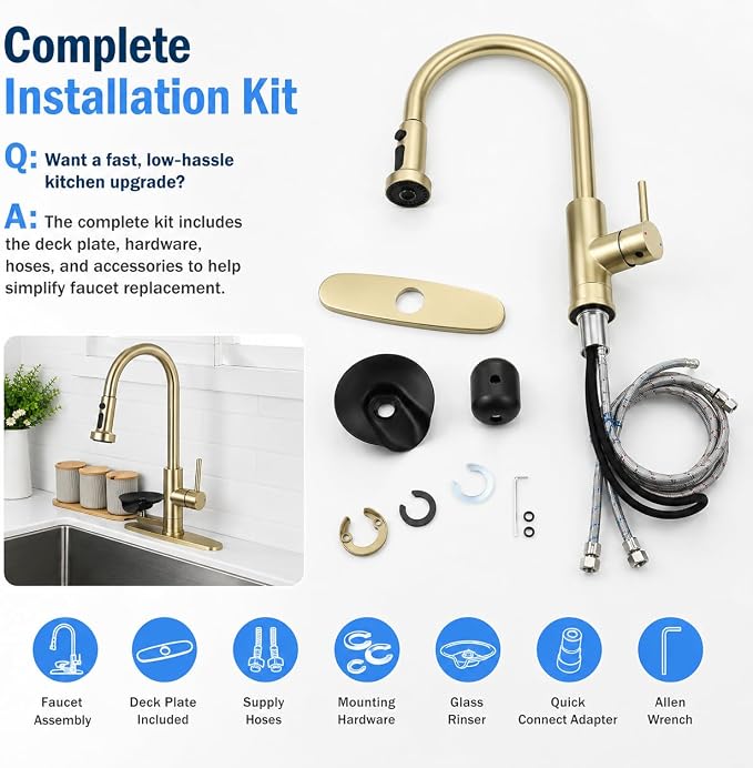 Kitchen Faucet with Glass Rinser for Sink, Pull Down Faucet with 3 Spray Modes and High Pressure Glass Rinser, Single Hole 2 in 1 High Arc Stainless Steel Kitchen Faucets (Brushed Golden)