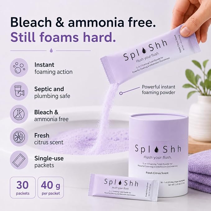 SplaShh 5 in 1 Foaming Toilet Bowl Cleaner, 30 Powder Packets, Fresh Citrus Scent, No Harsh Chemicals, Easy Clean, Replaces Sprays, Pods & Tablets, Stain & Odor Remover, Convenient Pouches