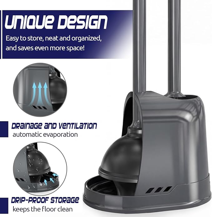 Reallnaive 4 Set Toilet Plunger and Brush Set with Ventilated Holder 2 in 1 Toilet Bowl Brush and Heavy Duty Plunger Combo Bathroom Cleaning Kit for Home and Commercial Bathrooms Drainage (Gray)