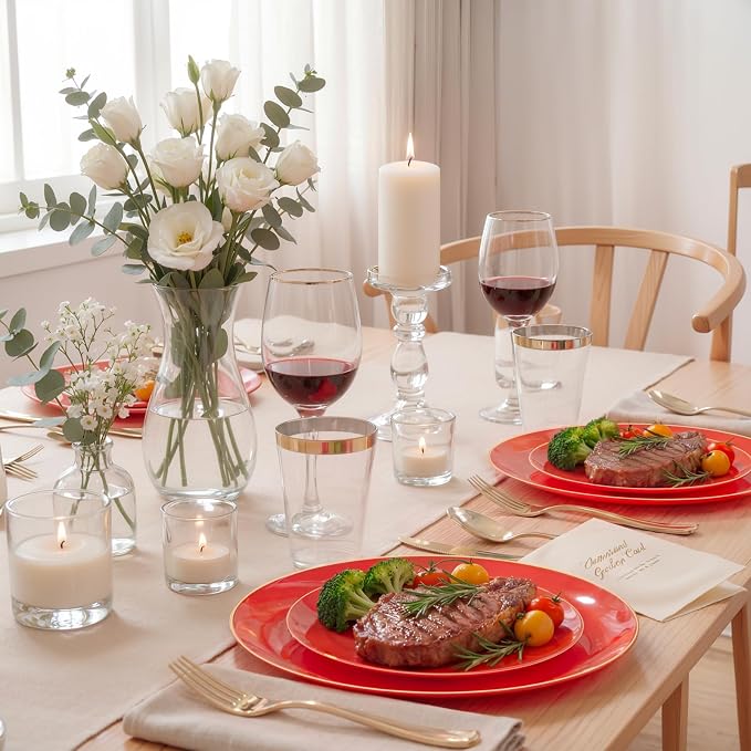 KIRE 350PCS Red Plastic Plates - Heavy Duty Red Plates Disposable - 50Guest Plastic Dinnerware Include 50Dinner Plate,50Dessert Plate,50Pre Rolled Napkins with Silverware for Wedding/Party