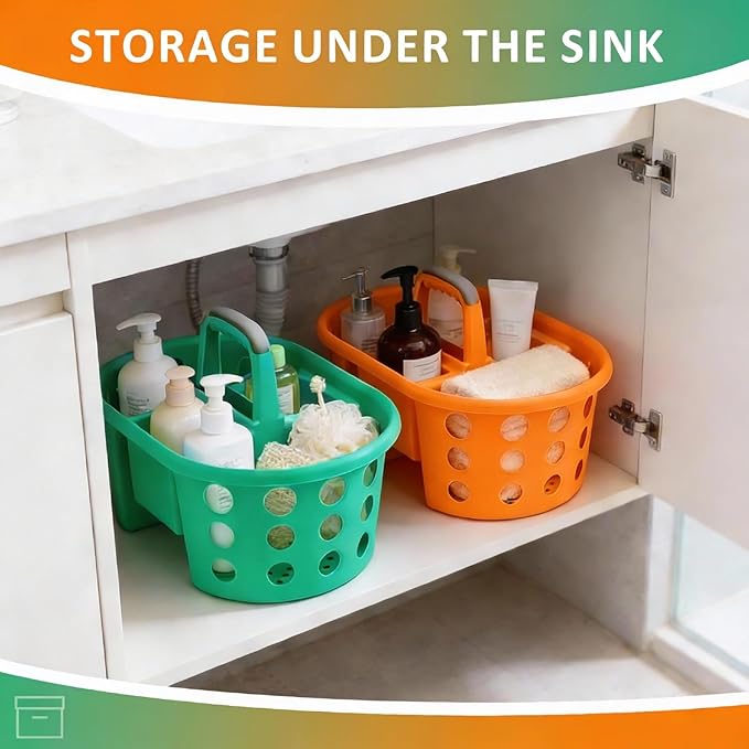 SIMPLYKLEEN Large Shower Caddy Portable 2PC - Made in USA Plastic Jumbo Size Dorm Storage Candy Tote with Handle Shower Organizer for Bathroom, Pantry, Kitchen, College Dorm, Green/Orange