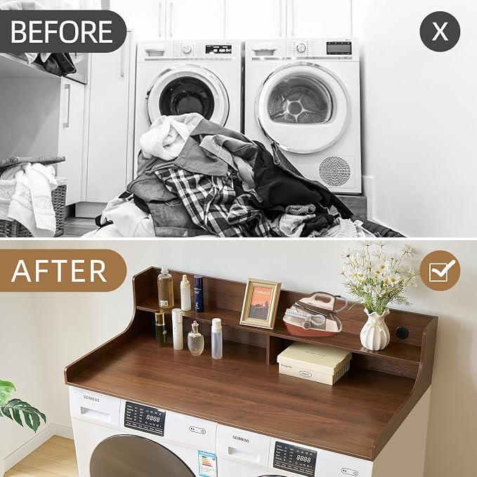 2-Tier Washer and Dryer Countertop 54" W x 27.5" D – laundry countertop over washer and dryer with Power Plug, washer countertop for Laundry Room Organization