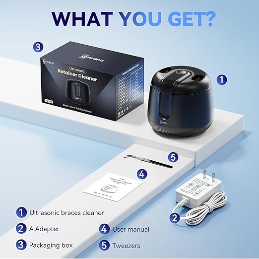 Ultrasonic Retainer Cleaner Machine 48kHz, Dental Cleaning Pod, Ultrasonic Retainer Cleaner for Dentures, Aligners, Mouth Guards, Toothbrush Heads and Jewelry with 200ML Capacity, LAB Supply