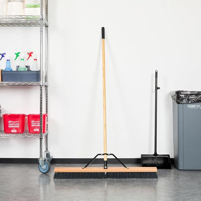 Restaurantware-Clean Tek Professional 36 Inch Push Broom, 1 Heavy-Duty Broom with 60â€ Handle - Medium Plastic Bristles, Durable, Wooden, Commercial Use, for Deck, Driveway, Garage, Yard, Patio