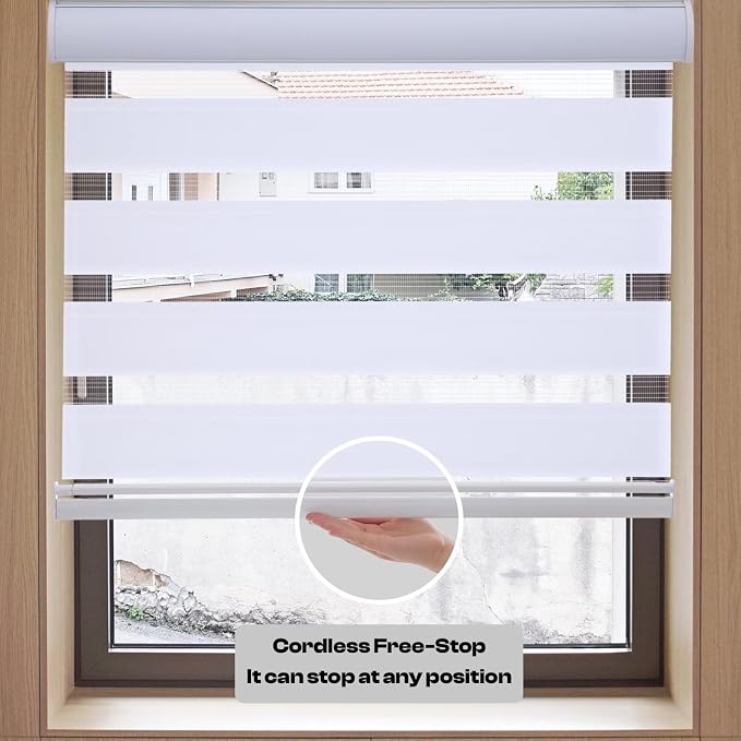 MYshade Roller Shades Zebra Blinds for Indoor Windows Cordless Day and Night Light Filtering Dual Layer Roller Window Blinds & Shades, Easy to Install, 36.5" W x 72" H, White