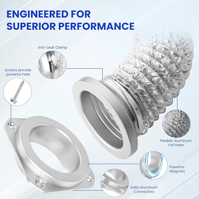 Magnetic Dryer Vent Connector Kit Dryer Vent Hose for Quick Connection and Disconnection Strong Magnet Self-Alignment Airtight Seal for Secure & Efficient Dryer Airflow Universal 3.3ft 4" Duct