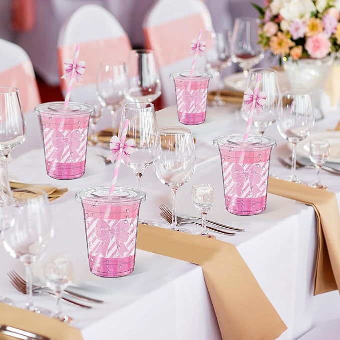 Maxdot 50 Pcs 16 oz Coquette Pink Bow Plastic Cups with Lids and Straws Pink Bowknot Disposable Drinkware for Party Supplies Baby Shower Birthday Bachelorette Wedding Bridal Party Supplies