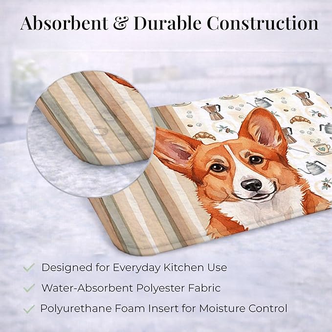 Caroline's Treasures Red Cardigan Welsh Corgi Coffee Bar Dish Drying Mat Absorbent Dish Drying Mat Pad for Kitchen Counter Dish Drainer Mat for Countertop, 14 x 21", Multicolor